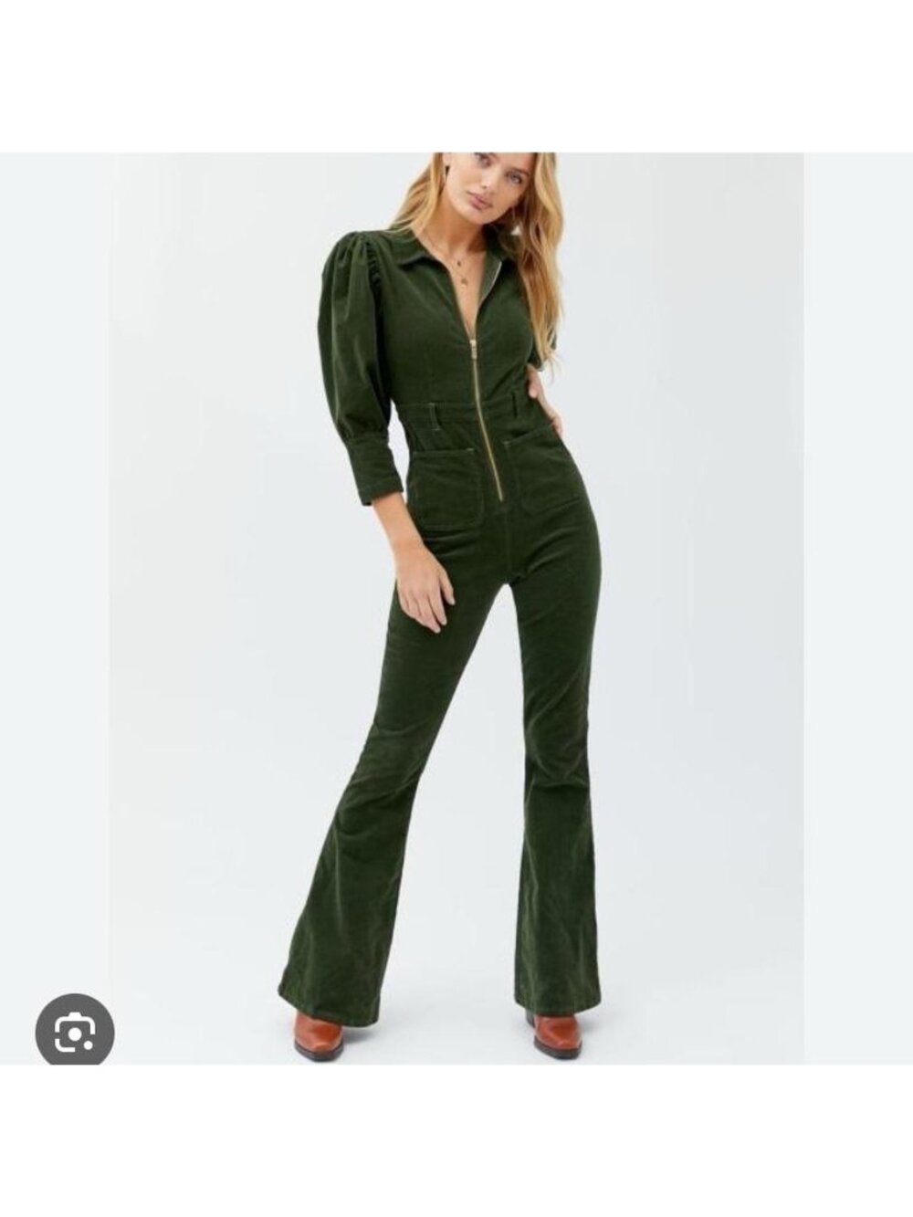 We Wore What Womens Jumpsuit Green 70s Corduroy Puff Sleeve Retro Size Small